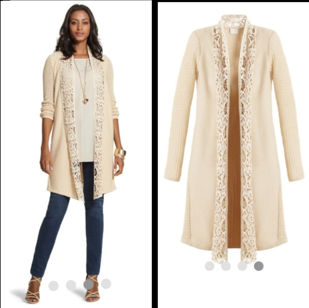 Size 1 ( MEDIUM ) Chico's long sweater open knit lace cardigan
